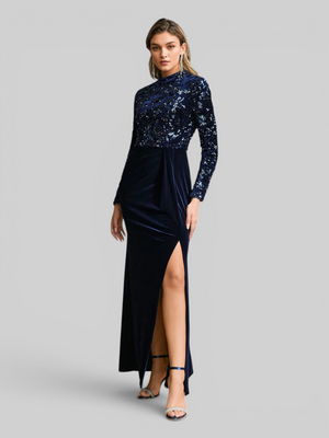 Vestido de Festa Longo Premium Manga Longa Gola Alta Paetê