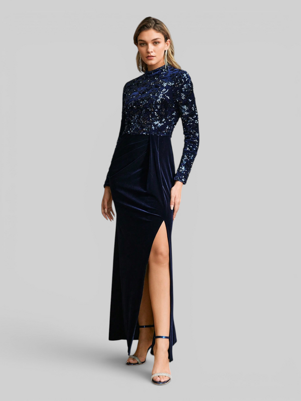 Vestido de Festa Longo Premium Manga Longa Gola Alta Paetê