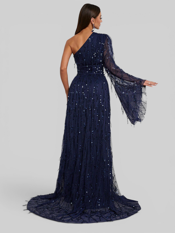 Vestido de Festa Longo Premium Nula Manga Paetê com fenda Penelope