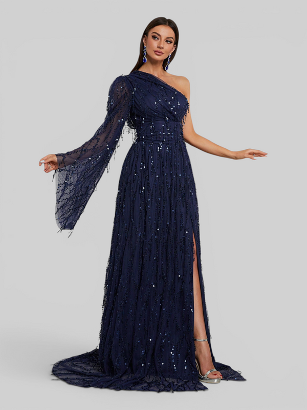 Vestido de Festa Longo Premium Nula Manga Paetê com fenda Penelope