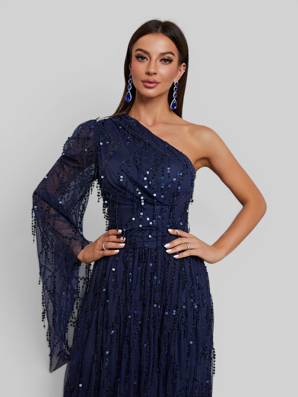 Vestido de Festa Longo Premium Nula Manga Paetê com fenda Penelope