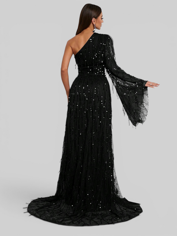 Vestido de Festa Longo Premium Nula Manga Paetê com fenda Penelope
