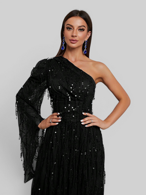 Vestido de Festa Longo Premium Nula Manga Paetê com fenda Penelope