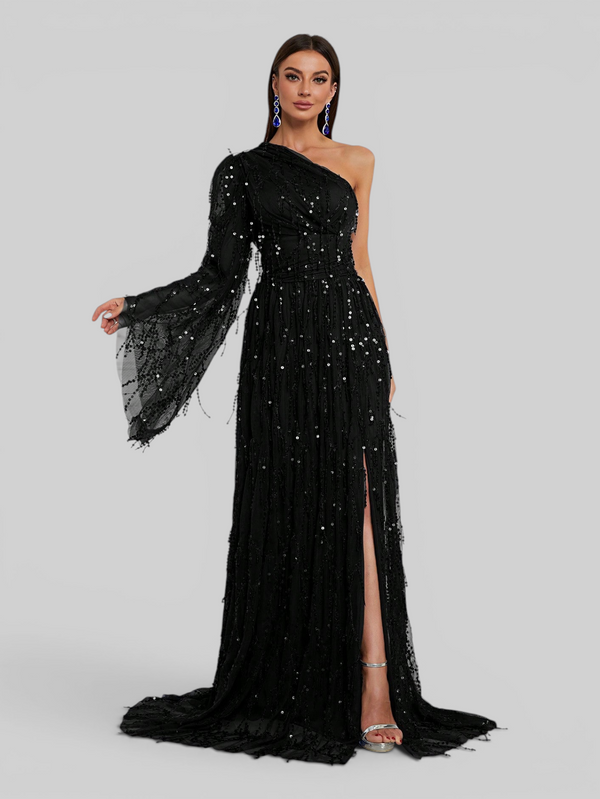 Vestido de Festa Longo Premium Nula Manga Paetê com fenda Penelope