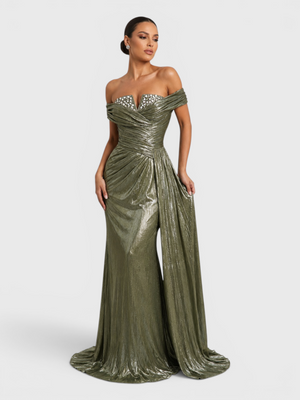 Vestido de Festa Longo Premium Ombro a Ombro Metalizado Pérolas