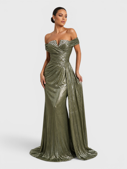 Vestido de Festa Longo Premium Ombro a Ombro Metalizado Pérolas