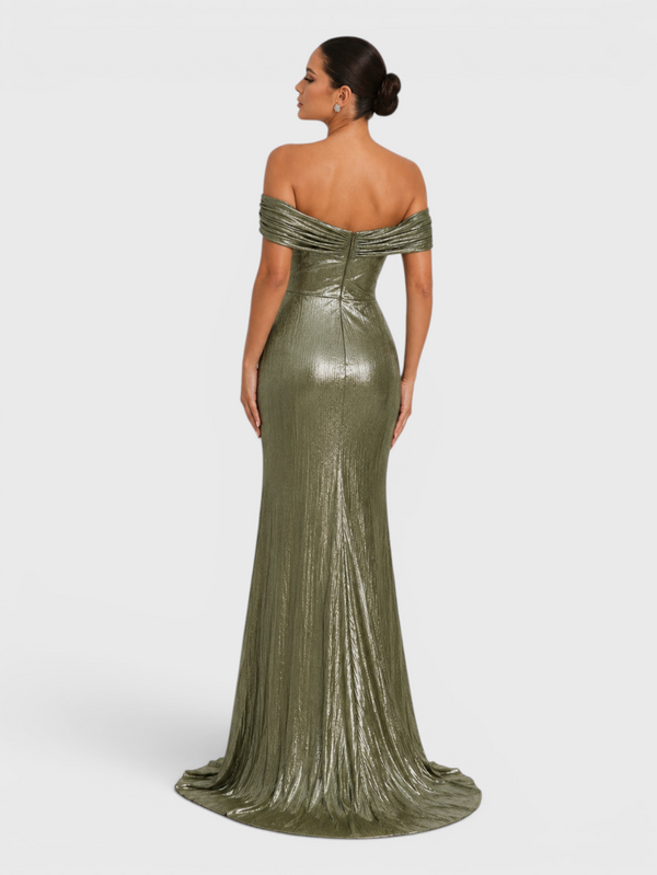 Vestido de Festa Longo Premium Ombro a Ombro Metalizado Pérolas