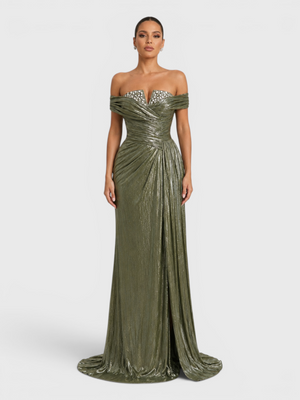 Vestido de Festa Longo Premium Ombro a Ombro Metalizado Pérolas