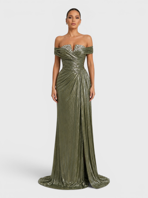 Vestido de Festa Longo Premium Ombro a Ombro Metalizado Pérolas