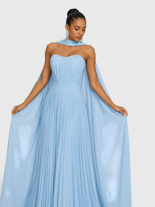Vestido de Festa Longo Premium Tomara que Caia Plissado Echarpe Melbor