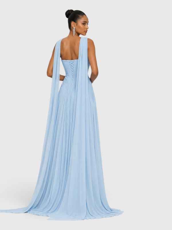 Vestido de Festa Longo Premium Tomara que Caia Plissado Echarpe Melbor