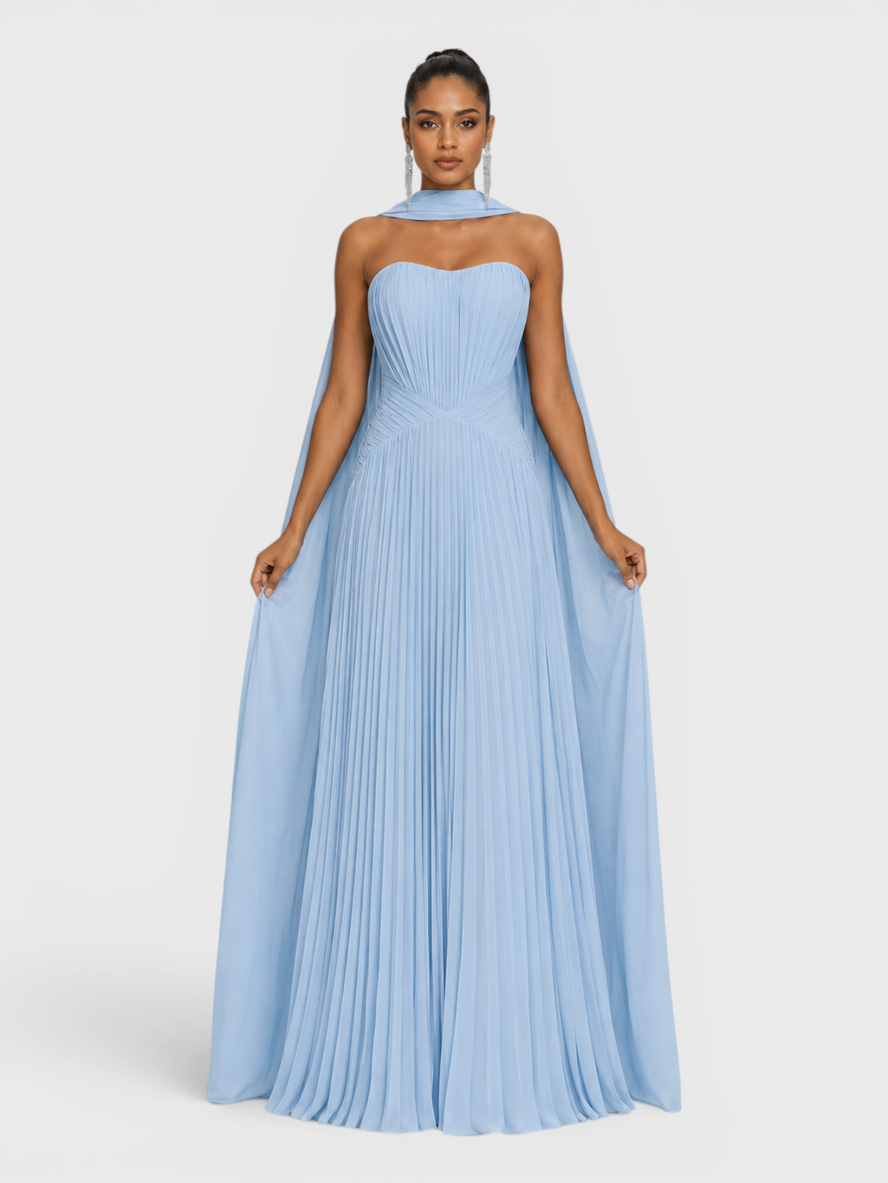Vestido de Festa Longo Premium Tomara que Caia Plissado Echarpe Melbor