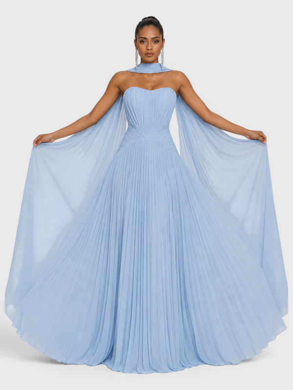 Vestido de Festa Longo Premium Tomara que Caia Plissado Echarpe Melbor