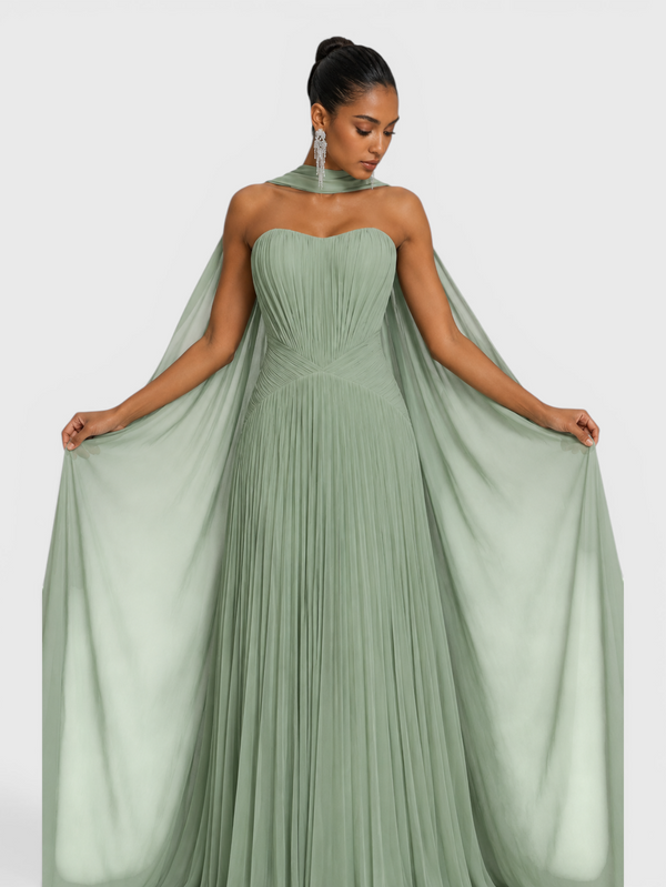 Vestido de Festa Longo Premium Tomara que Caia Plissado Echarpe Melbor