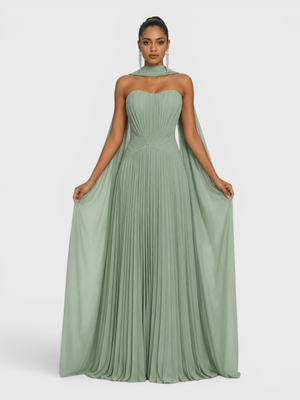 Vestido de Festa Longo Premium Tomara que Caia Plissado Echarpe Melbor