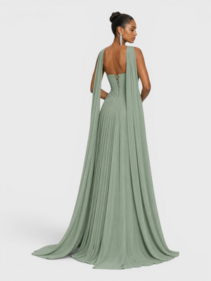 Vestido de Festa Longo Premium Tomara que Caia Plissado Echarpe Melbor