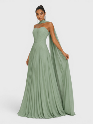 Vestido de Festa Longo Premium Tomara que Caia Plissado Echarpe Melbor