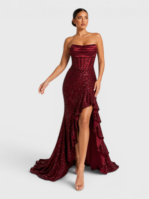 Vestido de Festa Longo Premium Tomara que Caia de Paetê Corpete Ravena