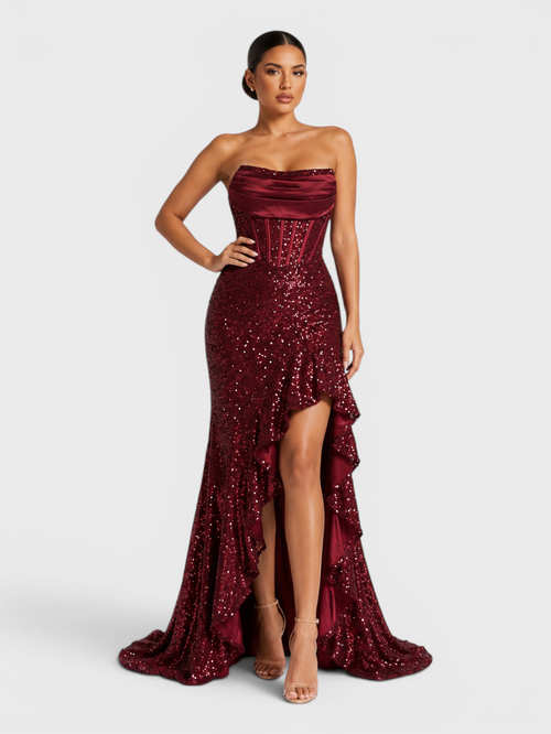 Vestido de Festa Longo Premium Tomara que Caia de Paetê Corpete Ravena