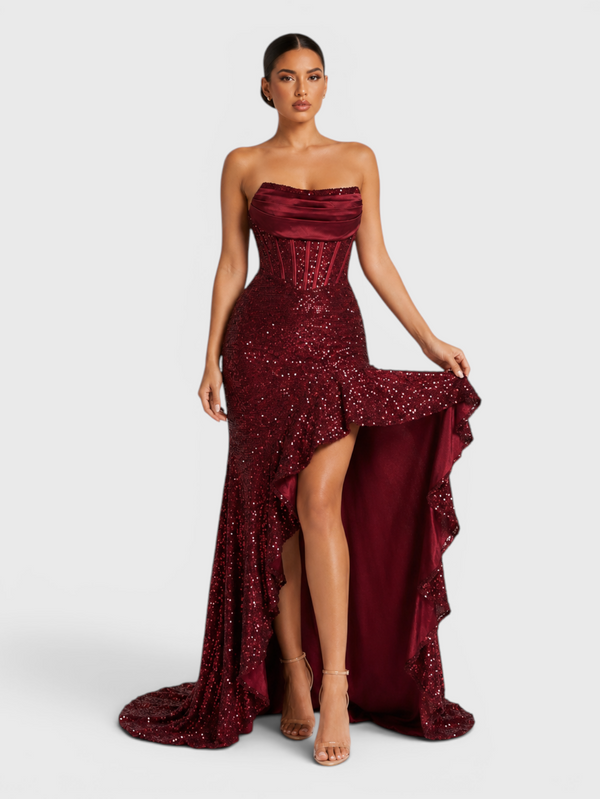 Vestido de Festa Longo Premium Tomara que Caia de Paetê Corpete Ravena