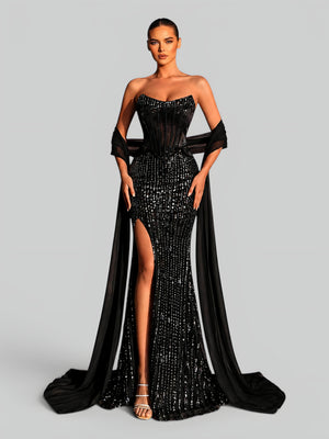 Vestido de Festa Longo Super Luxo Corpete Paetê com Fenda e Capa Lumière