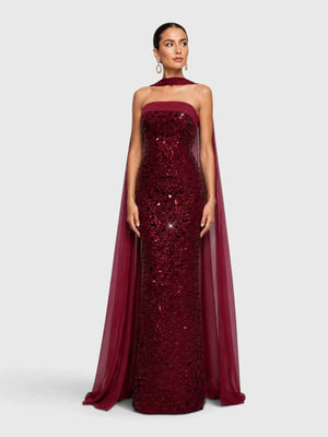 Vestido de Festa Longo Tomara que Caia Paetê com Echarpe Maltez