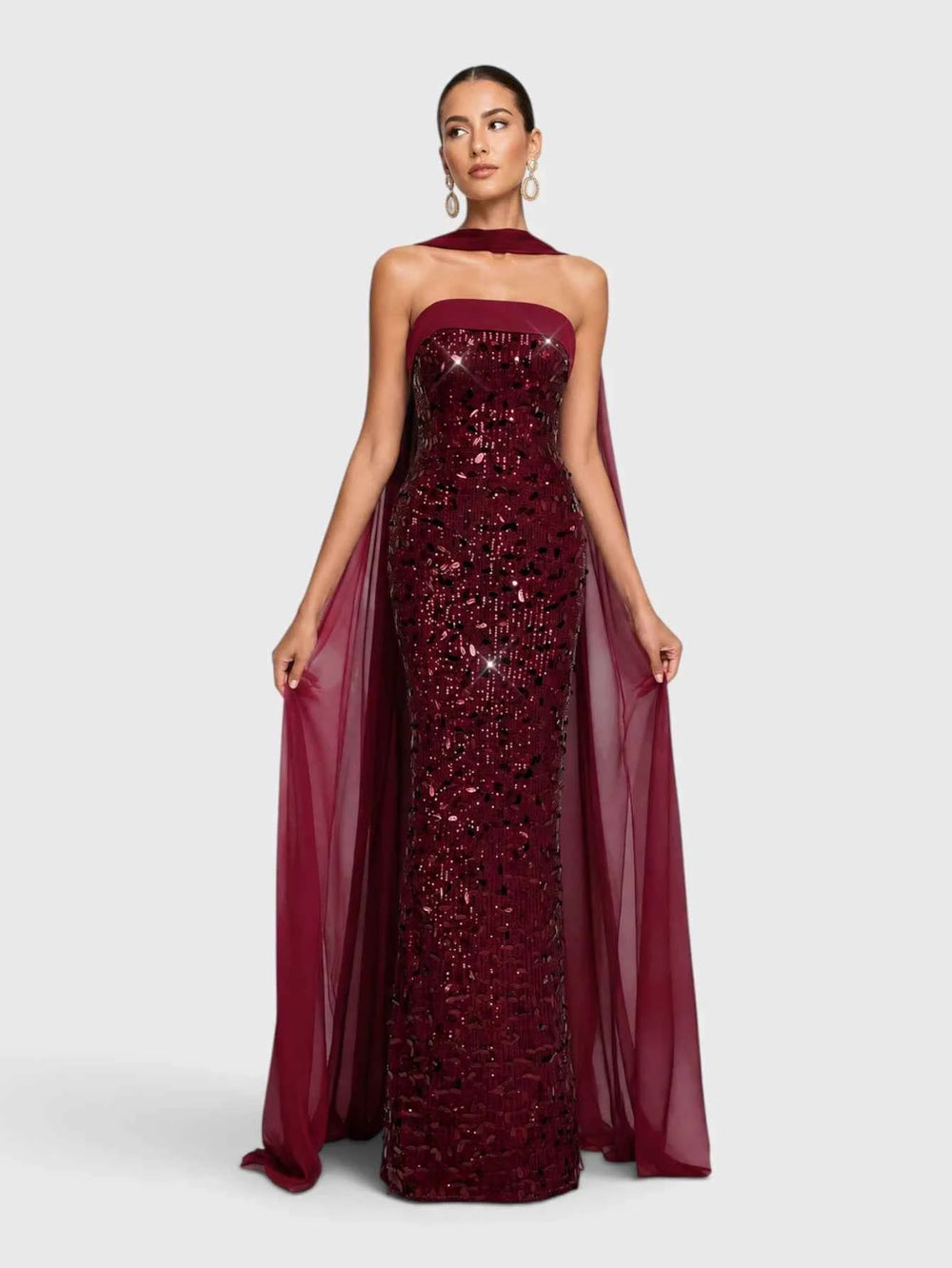 Vestido de Festa Longo Tomara que Caia Paetê com Echarpe Maltez