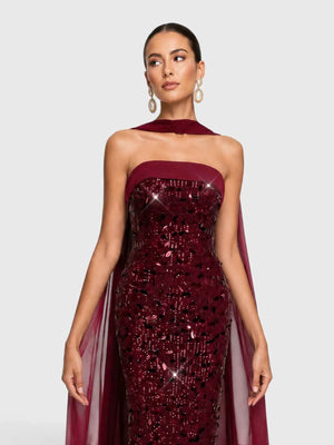 Vestido de Festa Longo Tomara que Caia Paetê com Echarpe Maltez