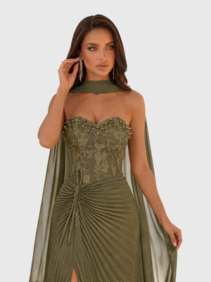 Vestido de Festa Longo Tomara que Caia Plissado com Echarpe Amsterdã