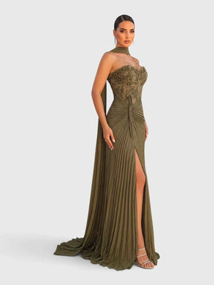 Vestido de Festa Longo Tomara que Caia Plissado com Echarpe Amsterdã