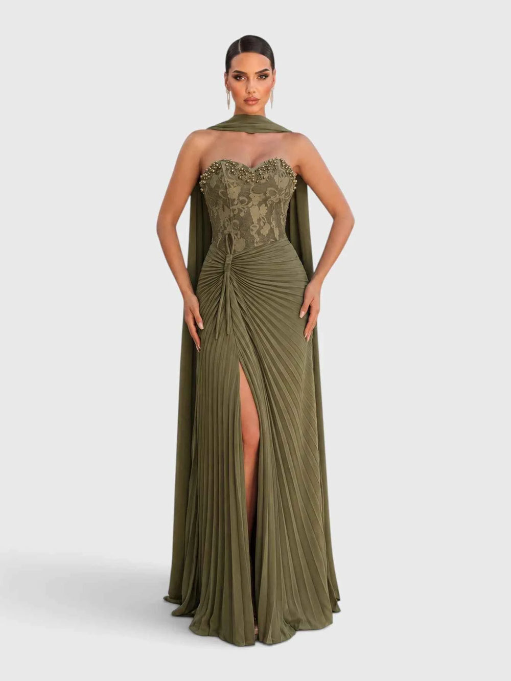 Vestido de Festa Longo Tomara que Caia Plissado com Echarpe Amsterdã