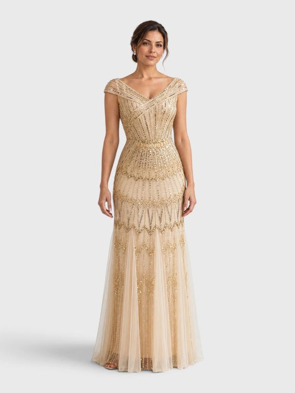 Vestido de Festa Longo Tule Bordado em Paetê Maison