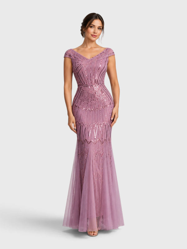 Vestido de Festa Longo Tule Bordado em Paetê Maison