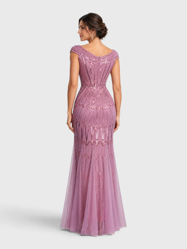 Vestido de Festa Longo Tule Bordado em Paetê Maison