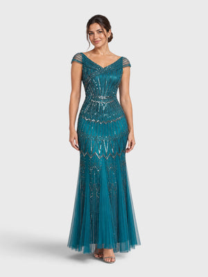 Vestido de Festa Longo Tule Bordado em Paetê Maison