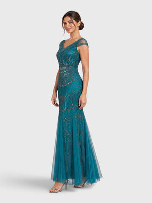 Vestido de Festa Longo Tule Bordado em Paetê Maison