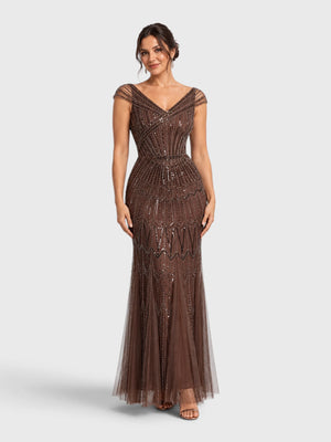 Vestido de Festa Longo Tule Bordado em Paetê Maison