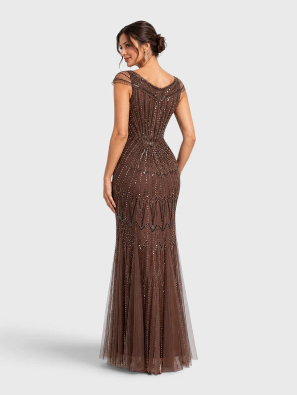 Vestido de Festa Longo Tule Bordado em Paetê Maison