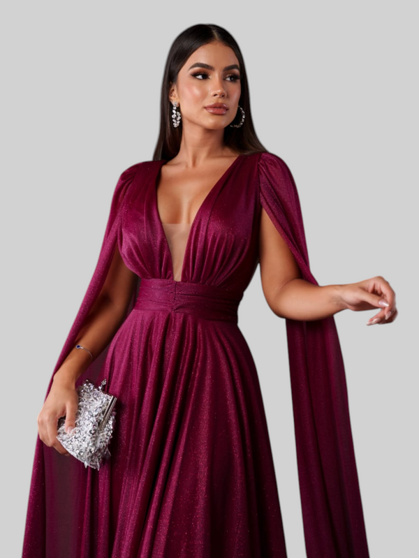 Vestido de Festa Longo Tule Premium com Brilho e Capa Aurora