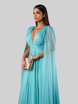 Vestido de Festa Longo Tule Premium com Brilho e Capa Aurora