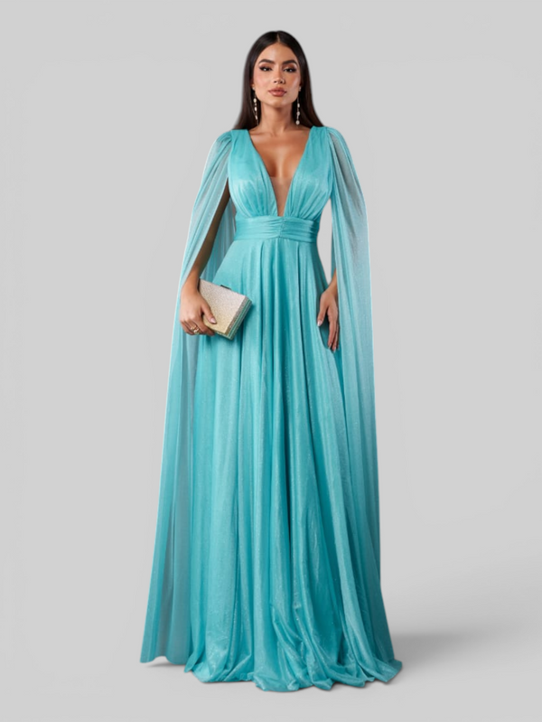 Vestido de Festa Longo Tule Premium com Brilho e Capa Aurora