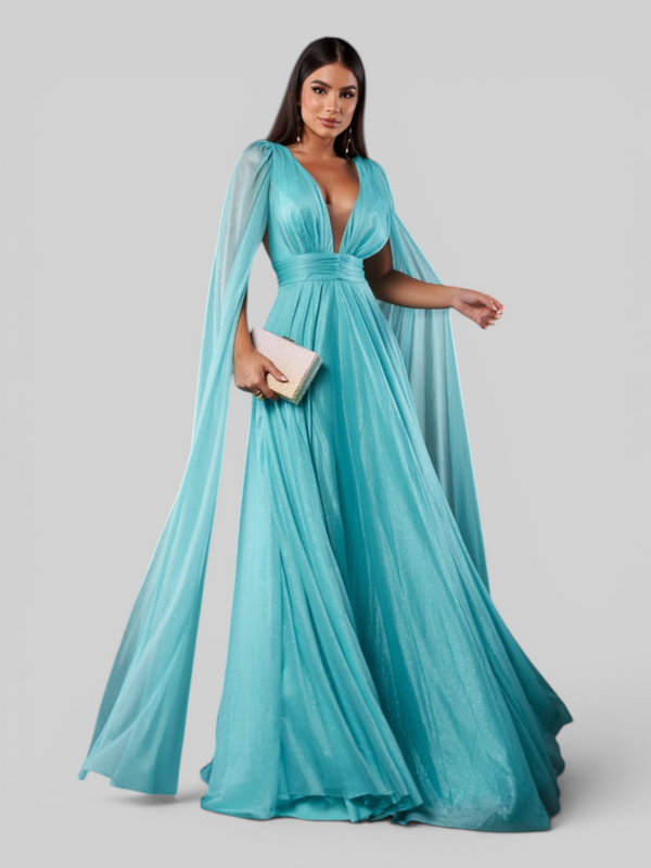 Vestido de Festa Longo Tule Premium com Brilho e Capa Aurora
