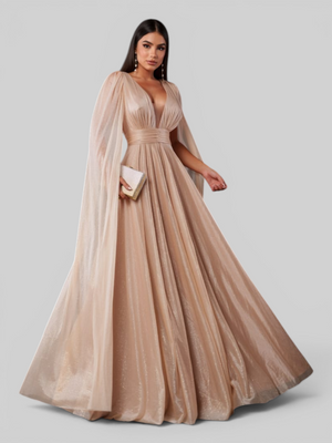 Vestido de Festa Longo Tule Premium com Brilho e Capa Aurora