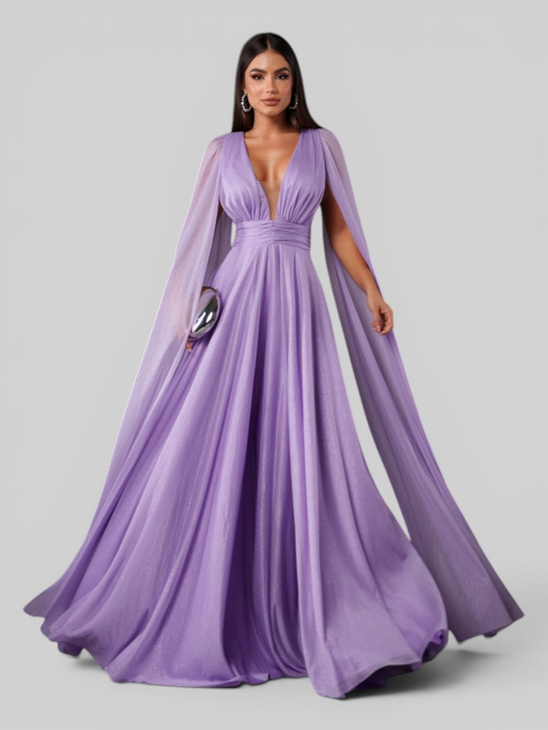 Vestido de Festa Longo Tule Premium com Brilho e Capa Aurora