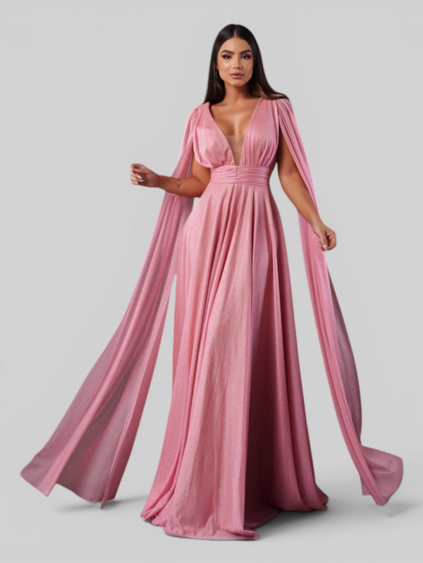Vestido de Festa Longo Tule Premium com Brilho e Capa Aurora