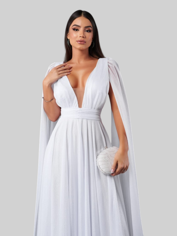Vestido de Festa Longo Tule Premium com Brilho e Capa Aurora