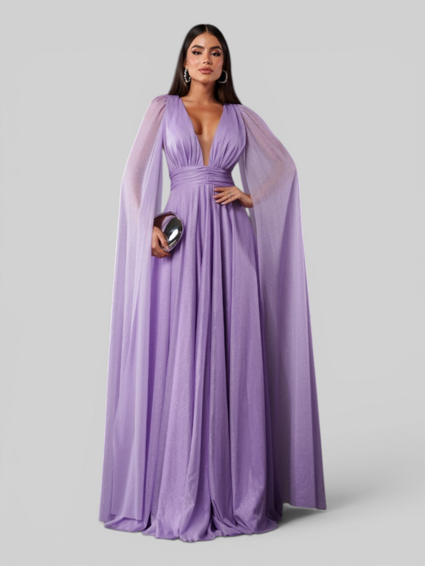 Vestido de Festa Longo Tule Premium com Brilho e Capa Aurora