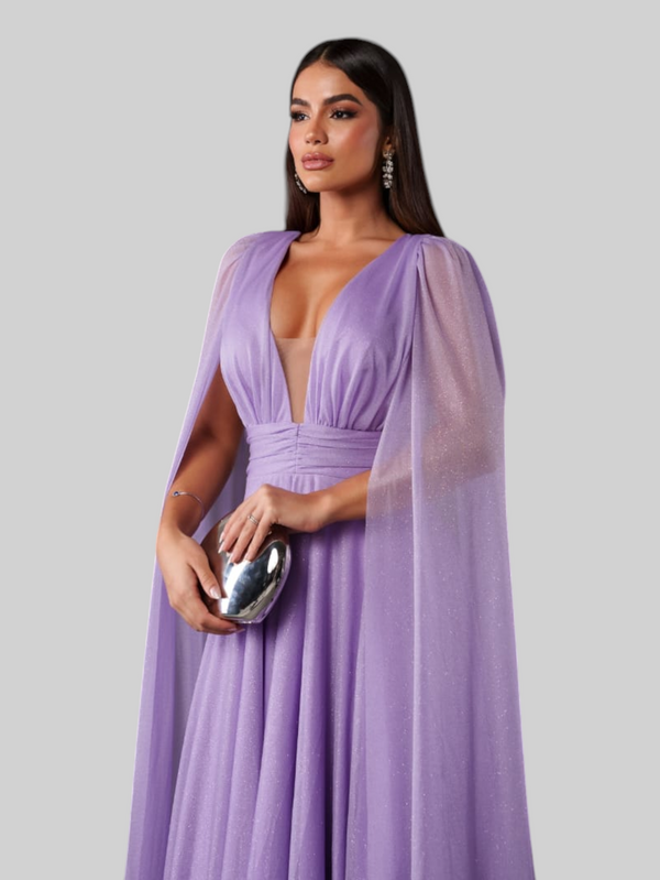 Vestido de Festa Longo Tule Premium com Brilho e Capa Aurora