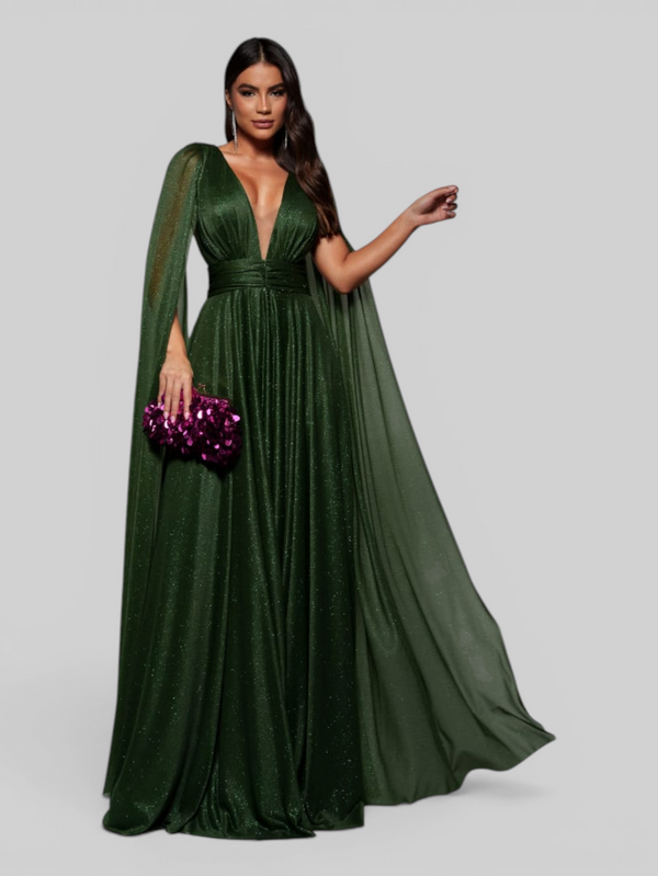 Vestido de Festa Longo Tule Premium com Brilho e Capa Aurora