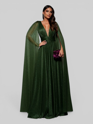 Vestido de Festa Longo Tule Premium com Brilho e Capa Aurora